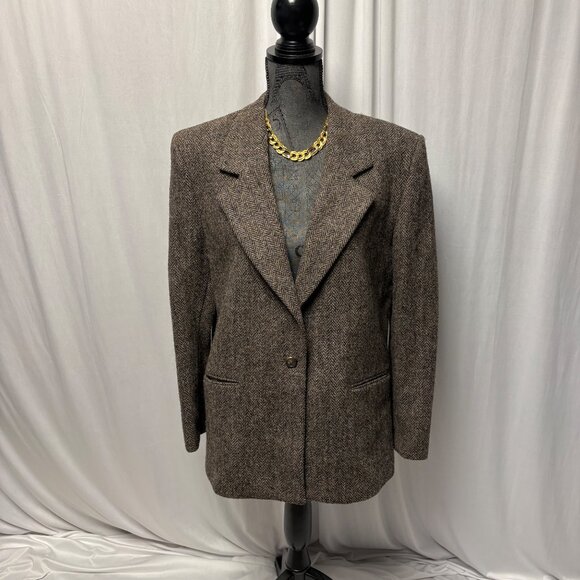 Harris Tweed Brown Herringbone Wool Blazer Womens Size 14 Vintage - Picture 1 of 12